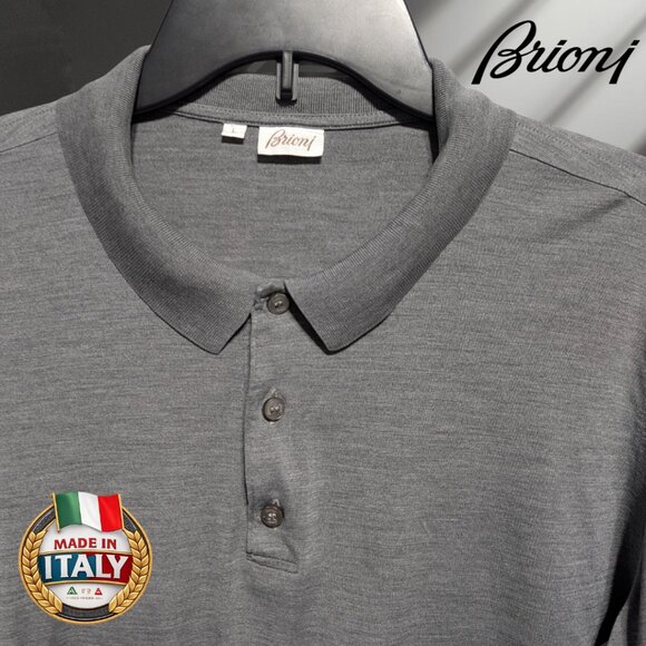 Brioni 100% Silk Polo Shirt Mens L Gray Short Sleeve 3-Button - Picture 6 of 9